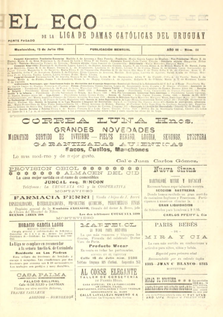 EL ECO (DE LA LIGA DE LAS DAMAS CATOLICAS DEL URUGUAY) del 15/07/1914